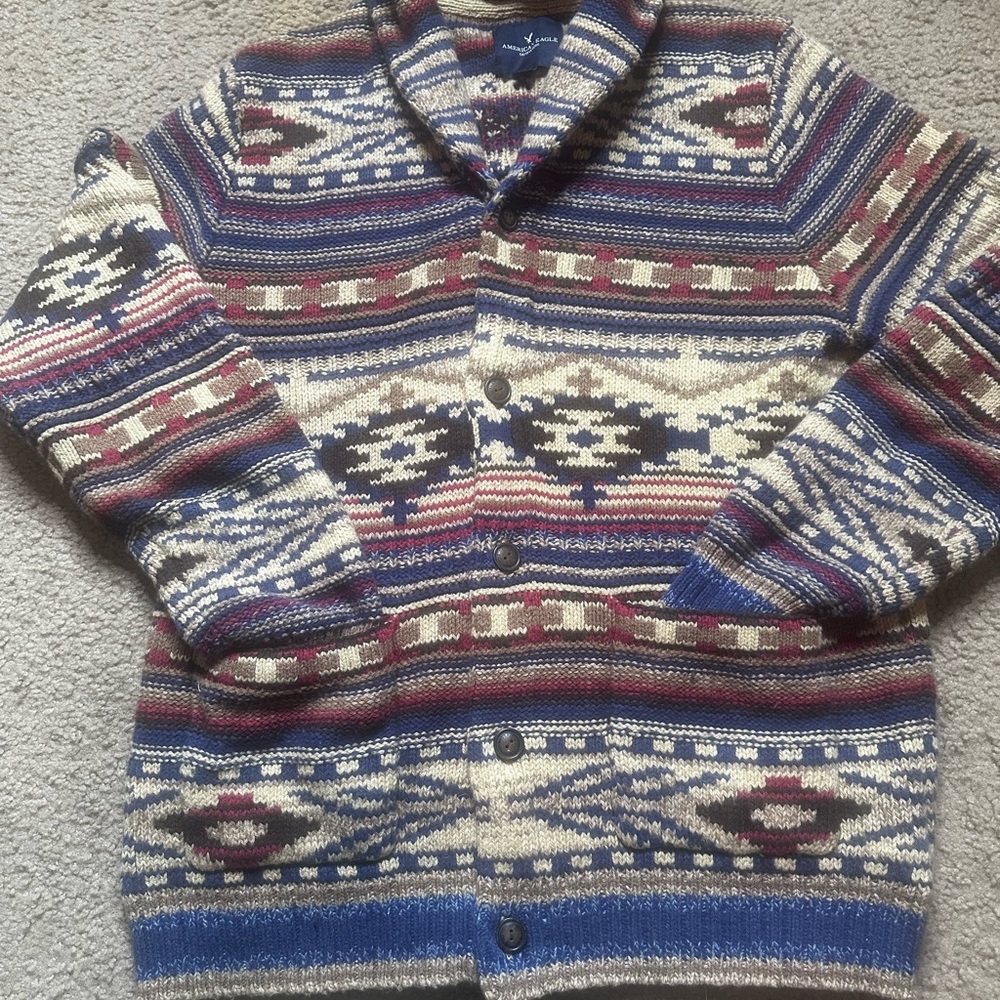 American Eagle Outfitters SUPER WARM Navy  Red Tan Brown Button Pattern Cardigan